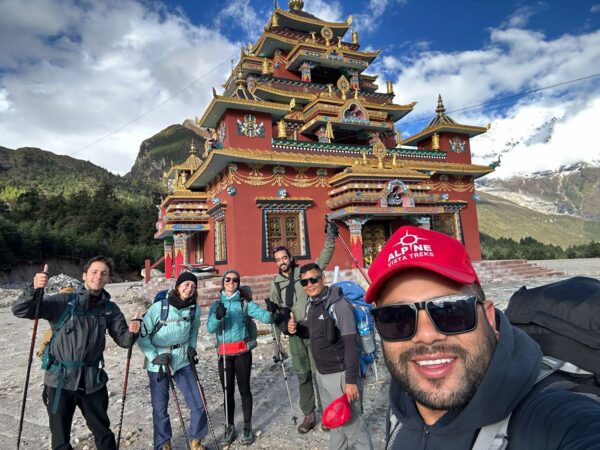 Trekkers crossing Larkya La Pass at 5160m on the Manaslu Circuit Trek