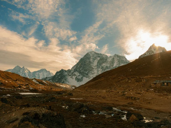 Breathtaking view of the Himalayas during sunset, capturing serene mountain landscapes